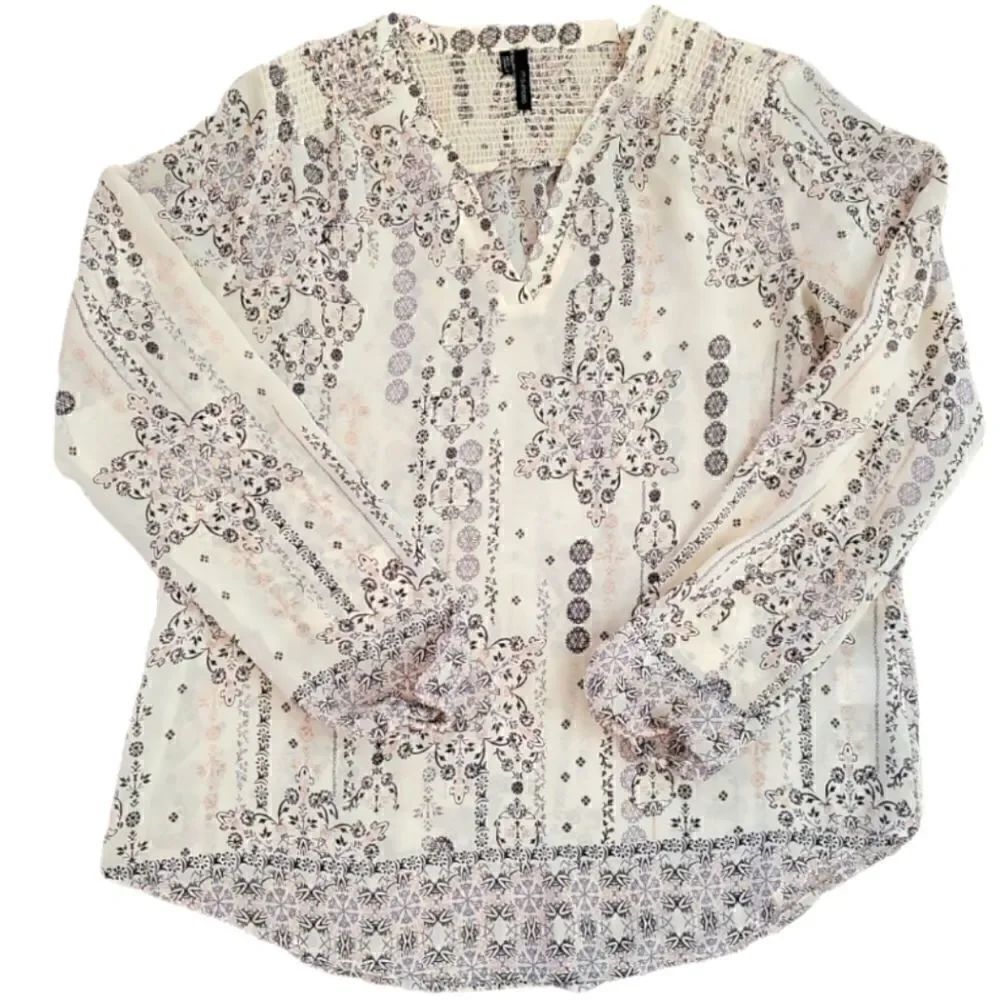 EC MAURICE'S SHEER V-NECK LONG SLEEVE BLOUSE SZ.L